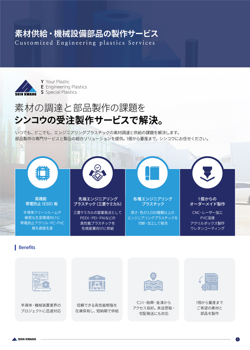 カタログ2ページ — 素材供給および機械設備部品の製作サービス